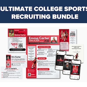 May include: A recruiting bundle for college sports, featuring a red and white design. The bundle includes printed materials like business cards, flyers, and a guide, along with smartphone mockups. The text includes "Ultimate College Sports Recruiting Bundle" and "Emma Carter".