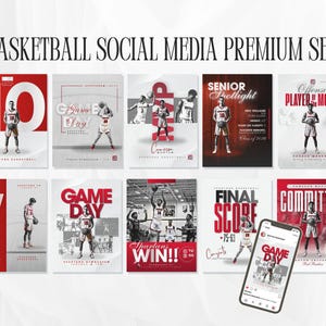 May include: A collection of basketball-themed social media templates, showcasing players, game day announcements, and score displays. The designs use red and white, with the text "BASKETBALL SOCIAL MEDIA PREMIUM SET" displayed prominently.