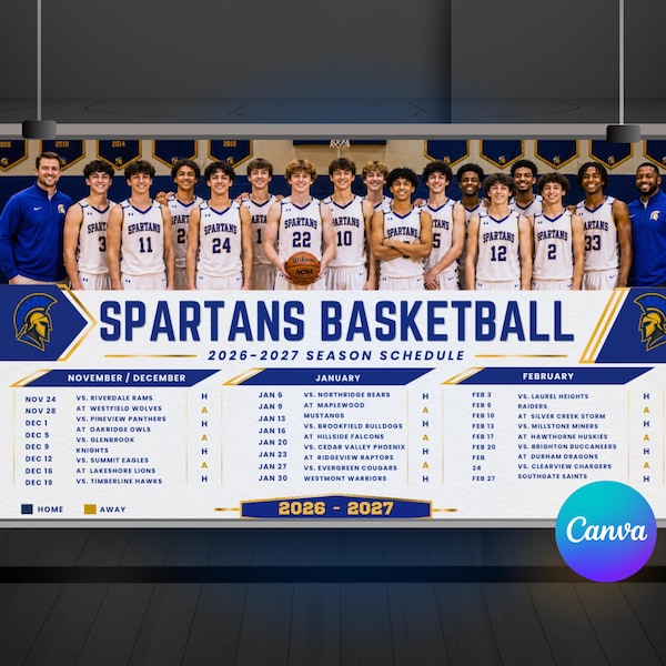 Basketball Schedule Banner Canva Template, High School Team Photo Sports Banner, 4 Sizes