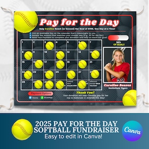 Modello di raccolta fondi per softball a pagamento giornaliero / Tracker delle donazioni modificabile / Calendario di raccolta fondi di squadra