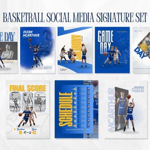 Può includere: Una collezione di grafiche per social media a tema basket. I design presentano giocatori in azione, annunci di giornate di gioco e tabelloni segnapunti. La combinazione di colori è blu e oro, con elementi testuali come "GAME DAY" e "FINAL SCORE".
