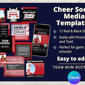 Cheer Social Media Templates: Red & Black Canva Designs (Digital Download)