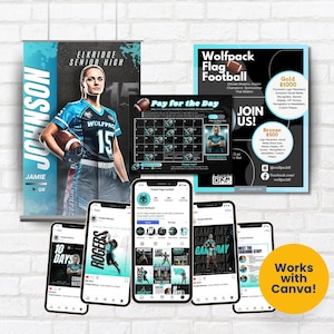 May include: Promotional materials for Elkridge Senior High Wolfpack Flag Football. Includes a banner with a player, a "Pay for the Day" calendar, and social media mockups. The image also features a "Works with Canva!" graphic.