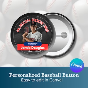 May include: A black and red baseball button with a photo of a baseball player wearing a white jersey with the number 3 and the text "ALBION DODGERS" and "PITCHER Jamie Douglas".