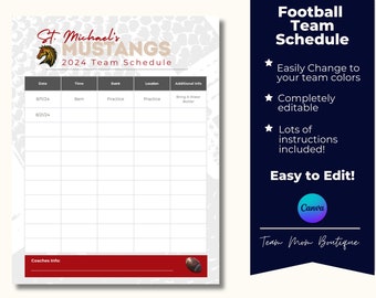 Editable Football Schedule Template | Custom Team Schedule | Sports Planner for Coaches & Team Moms