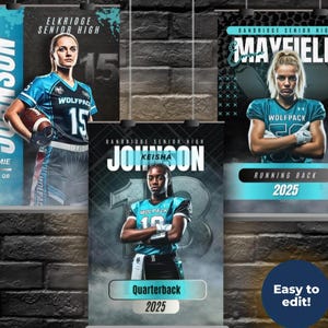 May include: Three vertical banners showcasing high school football players. Each banner features a player in a teal and black uniform with the team name "Wolfpack." The banners include the players' names, positions, and graduation years. The backdrop is a brick wall.