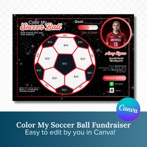 May include: A black rectangular fundraiser flyer titled Color My Soccer Ball with a central soccer ball graphic featuring white and black panels labeled with dollar amounts. It includes a circular photo of a soccer player, a goal progress bar, and payment icons for CashApp and Venmo.