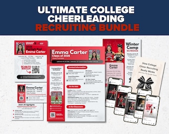 May include: A collection of cheerleading recruiting materials including flyers, schedules, and digital mockups. The documents feature the name Emma Carter, Class of 2026, contact details, competition schedules, and athletic profiles with QR codes.