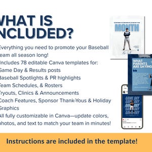 May include: A promotional graphic for a baseball team, featuring the text "WHAT IS INCLUDED?" and a list of editable Canva templates. Includes examples of social media posts and graphics for game day and team promotion.