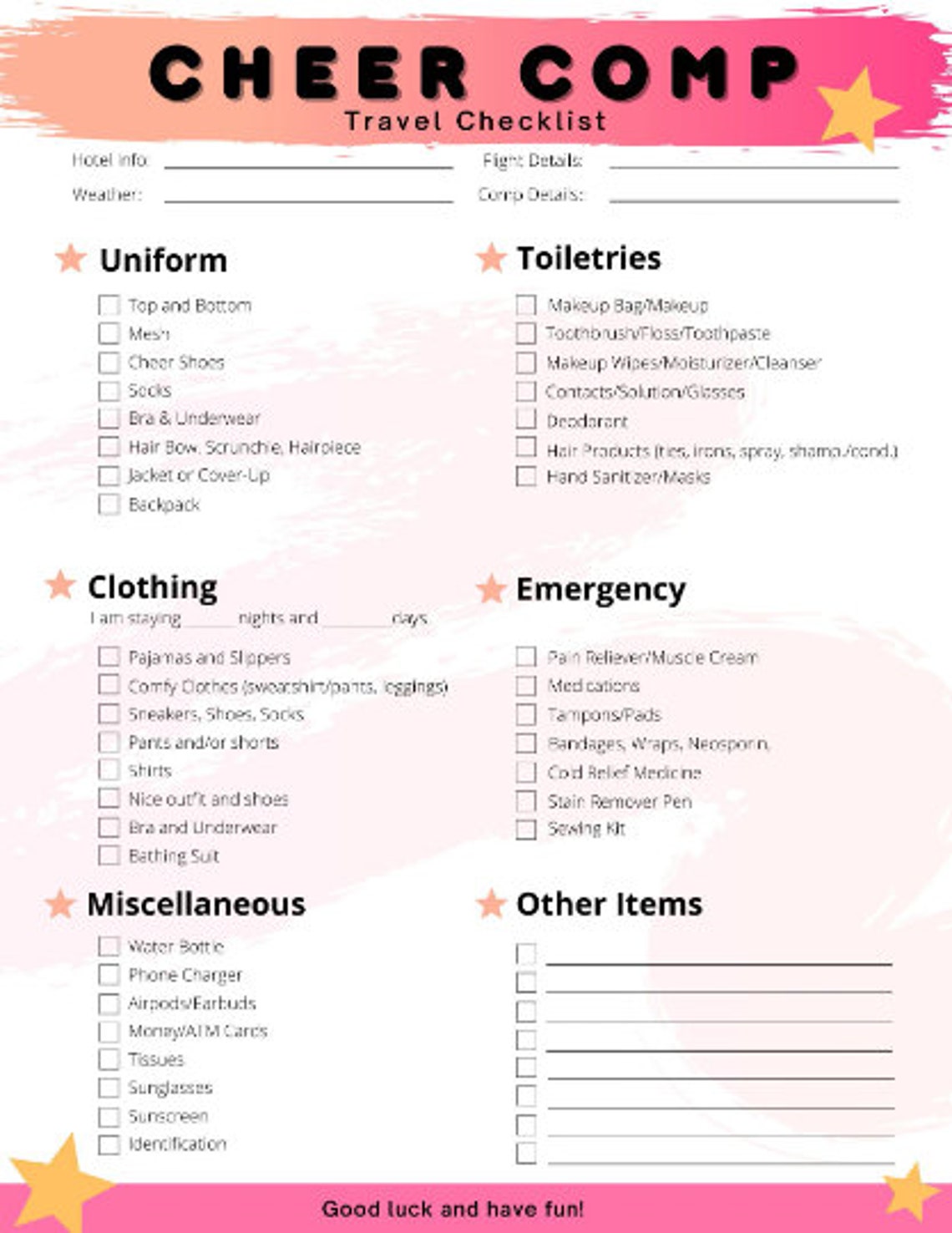 Cheer Competition Checklist Cheer Comp Packing List What to Etsy