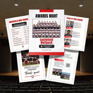 May include: A collection of printed program sheets for the Smithfield High School 2026 Football Awards Night. The documents feature team photographs, a schedule of events, senior student profiles, a thank you message, and a QR code for a gallery.