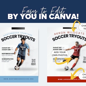 May include: Two editable soccer tryout flyer templates featuring a player in action, with text fields for team names like Northbrook Spartans and Akron Wildcats, dates, registration details, and QR codes, all customizable in Canva with color options.