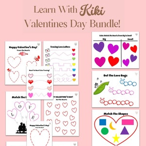 May include: A set of printable Valentine's Day activity sheets for kids. The sheets feature tracing, matching, and dot-to-dot activities with hearts, letters, bugs, shapes, and flowers.