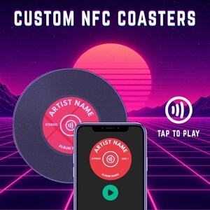 May include: Custom NFC coasters with a retro design. The coasters resemble vinyl records with the text "ARTIST NAME" and "ALBUM NAME". A smartphone displays a matching design. The image includes the text "TAP TO PLAY".