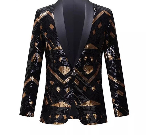 Mens Black Gold Sequin Blazer Etsy