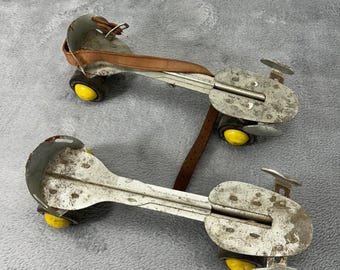 Vintage Union Hardware Co Metal Roller Skates Adjustable Yellow Hubs USA Made
