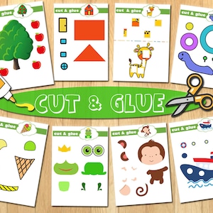 Montessori knippen en lijmen printables voor kleuters Knippen en plakken kleuterschool werkbladen bundel kleuterschool activiteiten druk boek thuisonderwijs