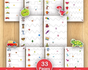 Práctica de corte, práctica de habilidades con tijeras, hojas de trabajo para niños, preescolar, jardín de infantes, habilidades motoras finas, Montessori