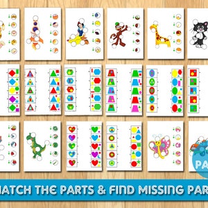 May include: A set of 18 printable worksheets for kids to practice matching parts and finding missing parts. The worksheets feature colorful illustrations of animals, objects, and shapes.