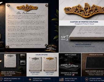 May include: A ceramic tile with the text "The Submariner" and a gold-colored 3D-printed dolphin emblem. The tile is 1/4 inch thick and features a black felt backing. The design is made in the USA.