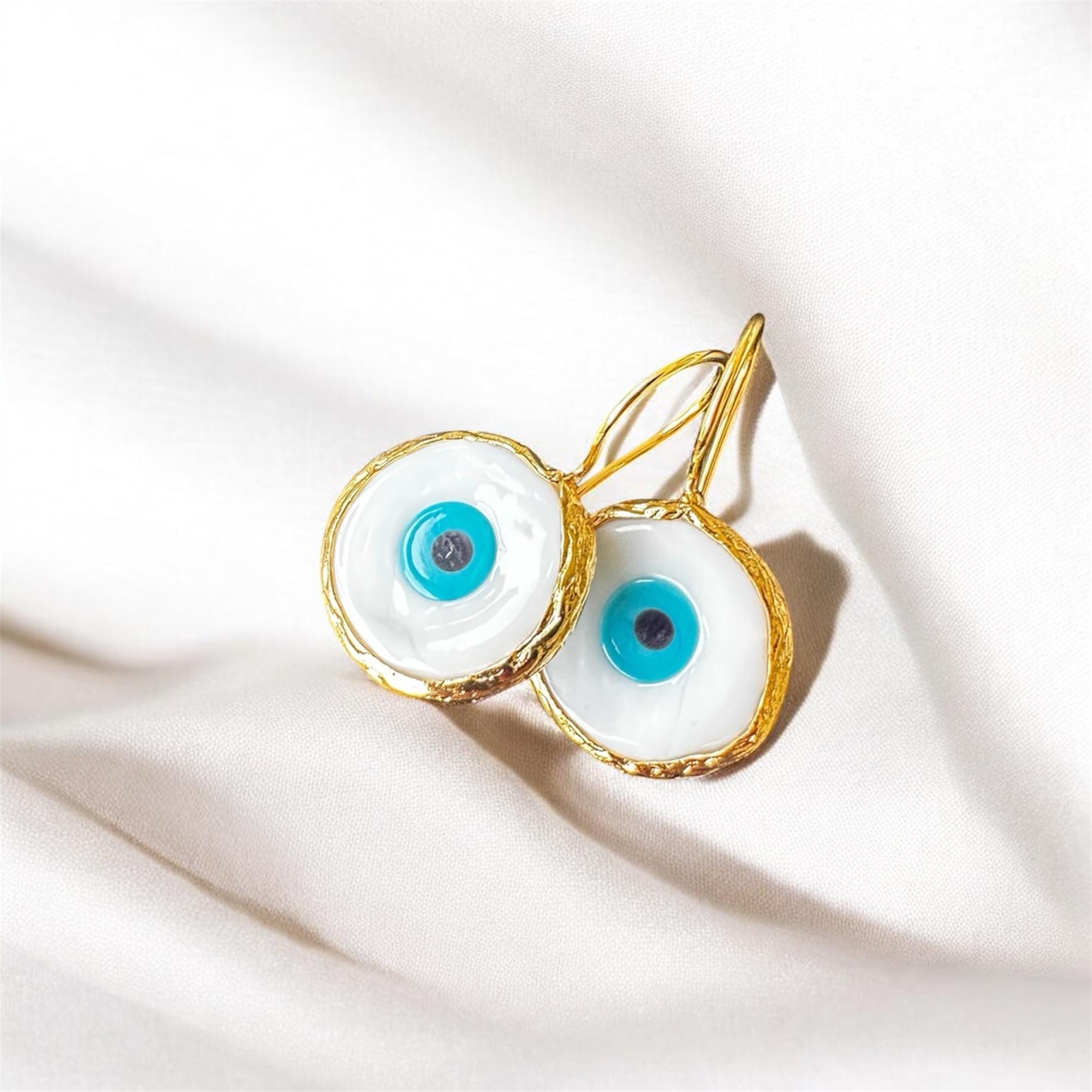 Gold Plated EVIL EYE Glass Bead Drop Earrings Sterling Silver Evil Eye Protection Earrings Organic Shaped Turkish EvilEye Hook Earrings Mati