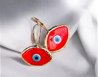 Gold Plated EVIL EYE Glass Bead Drop Earrings Sterling Silver Evil Eye Protection Earrings Organic Shaped Turkish EvilEye Hook Earrings Mati