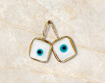 Gold Plated EVIL EYE Glass Bead Drop Earrings Sterling Silver Evil Eye Protection Earrings Organic Shaped Turkish EvilEye Hook Earrings Mati