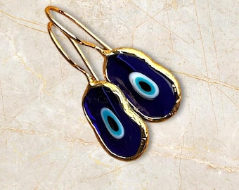 Gold Plated EVIL EYE Glass Bead Drop Earrings Sterling Silver Evil Eye Protection Earrings Organic Shaped Turkish EvilEye Hook Earrings Mati
