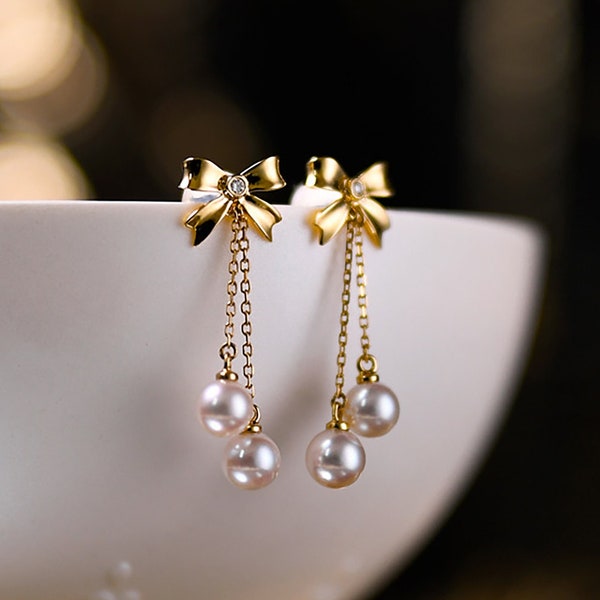 Dainty 18K Gold Plated Elegant Ribbon Bow Princess Drop Earrings, 925 Silver Double Pearls Wedding Dangle Earrings Stud Lady Cute Girlish UK