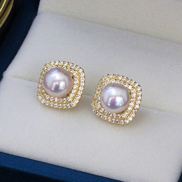 Boucles d'oreilles rétro multicouches avec diamants CZ Boucles d'oreilles en argent S925 avec perles d'eau douce, grosses perles plates rondes blanches rosâtres avec reflets brillants