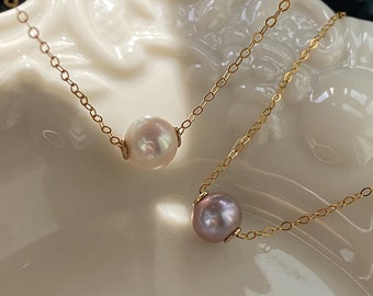 Round Natural 8mm Single Pearl Pendant Necklace Silver Gold Plated, Simple Real Freshwater Pearl Lavender Purple Creamy White Pearl Necklace