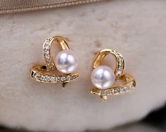 14K Gold Filled Fancy Heart Freshwater Pearl Stud Earrings, Elegant Ribbon Love Heart Bow Studs, Women Girl Bridal Bridesmaids Feature Gifts