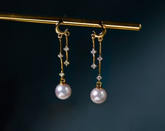 18K Gold Elegant Stardust Princess Drop Pearl Earrings, Fine 925 Silver Dainty Moon and Star Stud Earrings, Dangle Woman Wedding