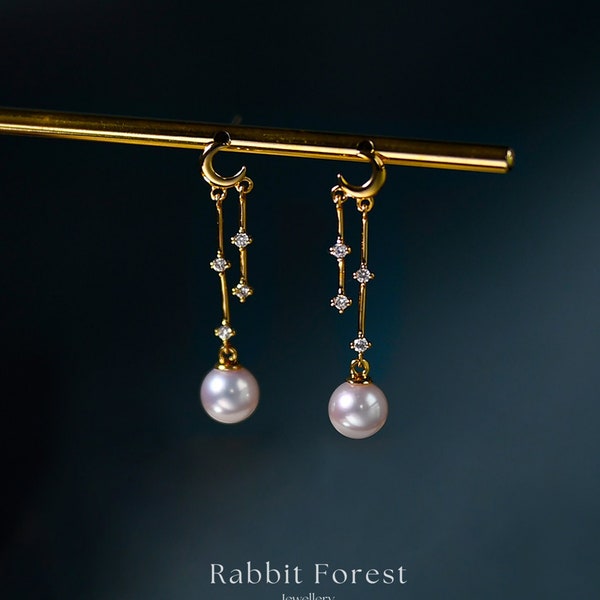 18K Gold Elegant Stardust Princess Drop Pearl Earrings, Fine 925 Silver Dainty Moon and Star Stud Earrings, Dangle Woman Wedding