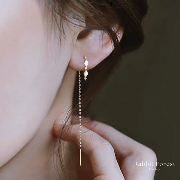 18K Gold Plated Thin Gold Chain Long Threader Earrings, Delicate Simple Elegant Bridal Wedding Dangle Tassel Drop Earrings Cubic zirconia