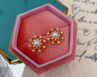 Delicate Lace Pattern Pearl Stud Earrings, 18K Gold Plated Antique French Metallic Hollow Out Pearl Studs, Floral, Sun And Star Jewellery UK
