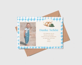 May include: A blue and white thank you card with a photo of a young boy. The card has a German pretzel and hat illustration and the text "Danke Schön" with a message thanking guests for celebrating the birthday.