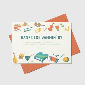 Musical Instruments Birthday Party Thank You Card, Let&#39;s Make Some Noise, Marching Band, Music, Printable, Editable, INSTANT DOWNLOAD