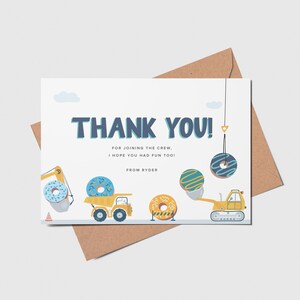 Dump Trucks and Donuts Birthday Party Thank You Card, Excavator, Printable, Editable, INSTANT DOWNLOAD