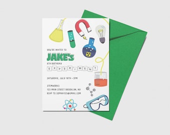 May include: A white invitation with green text and colorful science-themed illustrations. It reads "You're invited to Jake's 8th Birthday Experiment. Saturday, July 18th - 2PM. STEMWORKS 123 Main Street Brooklyn, NY. RSVP to sophia123@gmail.com"
