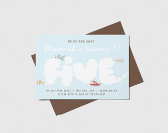 May include: A blue and white birthday invitation with the text "UP UP AND AWAY Maverick is turning 5! Five" and a cartoon illustration of the number five made of clouds with airplanes and helicopters flying around them. The invitation includes the details: "MY GYM PARK SLOPE I MAY 2ND, 11AM I BROOKLYN, NY PLEASE RSVP TO ALEX AT 212.555.1234"