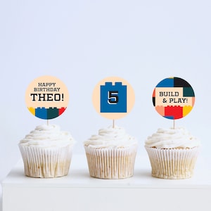 Building Blocks Birthday Party Cupcake Toppers, Stickers, Printable, Editable, INSTANT DOWNLOAD