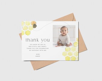 Little Bee Thank You Card with Photo, 1st Birthday, Printable, Editable, INSTANT DOWNLOAD