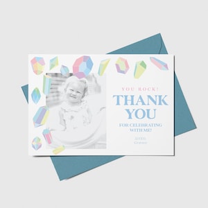 Gems Birthday Party Thank You Card with Photo, Gemstone, Crystals, Geode Rocks, Gender Neutral, Printable, Editable, INSTANT DOWNLOAD