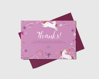 Unicorn Thank You Card, Rainbows Birthday,  Printable, Editable, INSTANT DOWNLOAD