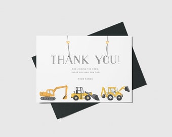 Construction Party Thank You Card, Excavator, Construction Birthday Theme, Printable, Editable, INSTANT DOWNLOAD