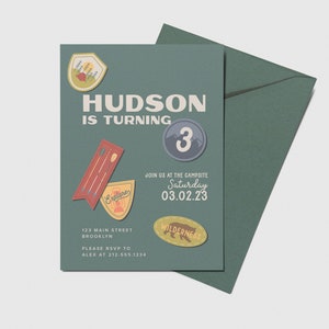 Camping Birthday Party Invitation, Scout Patches, Summer Camp, Graduation Invite, Printable, Editable, INSTANT DOWNLOAD