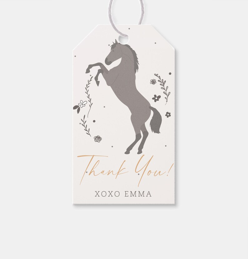 May include: A white thank you tag with a gray horse silhouette and floral accents. The text "Thank You! XOXO EMMA" is printed in gold.