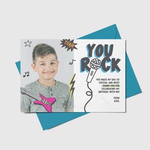Lets Rock Birthday Party Thank You Card with Photo, Rock n Roll, Printable, Editable, INSTANT DOWNLOAD