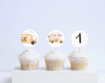 Wheels on the Bus Birthday Party Cupcake Toppers, Stickers, School Bus, Back to School Theme, Printable, Editable, INSTANT DOWNLOAD